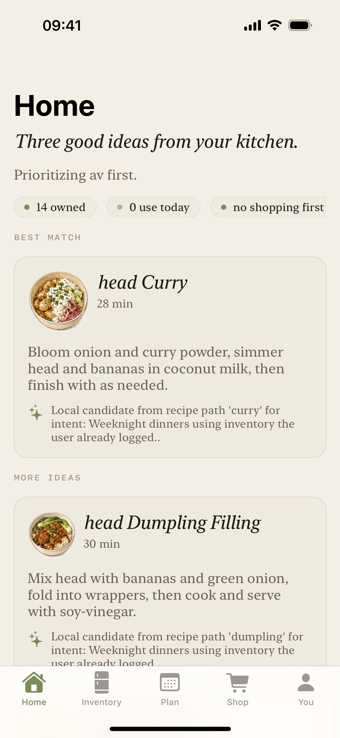 MiseKit home screen with meal plan and macro context