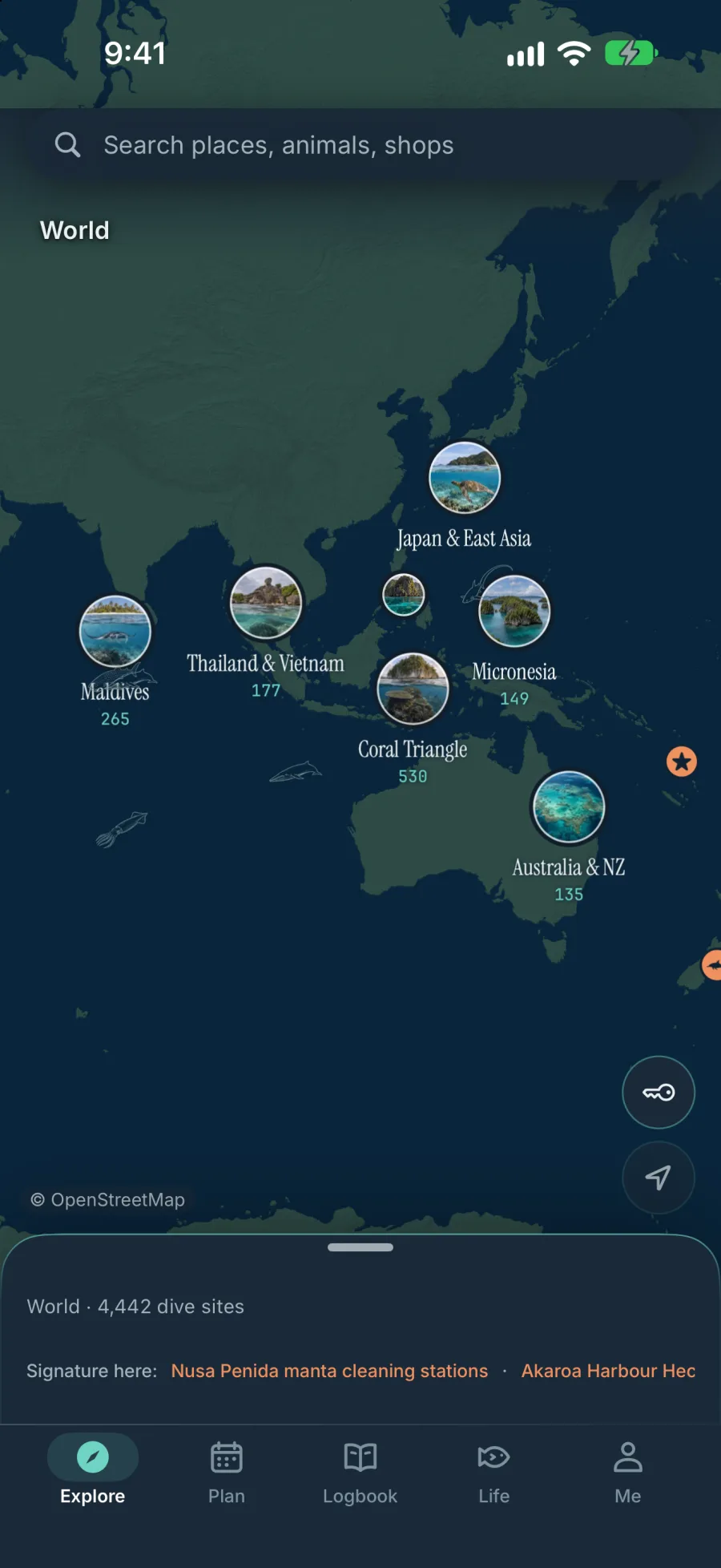 UmiLog Explore map with dive regions grouped across Asia and the Pacific